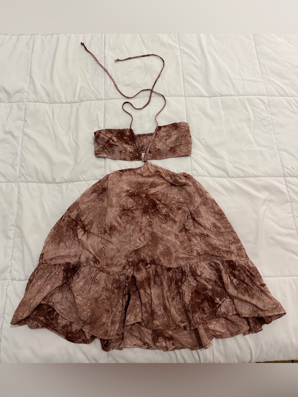 NWOT Sky to Moon Brown Halter Deep V Cutout Eyelet Mini Dress Size S